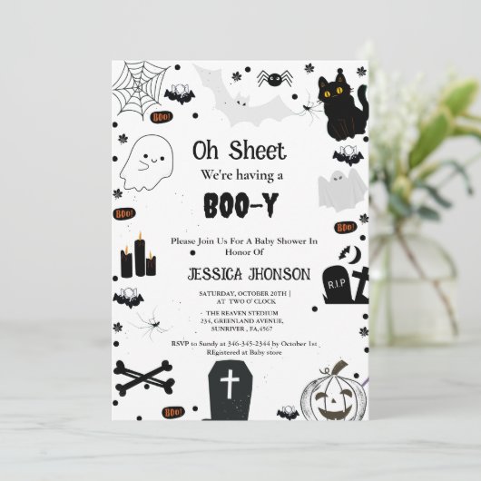 Ohシート私たちはブイのハロウィーンの赤ちゃんシャワーを持っている 招待状 (スタンド正面)
