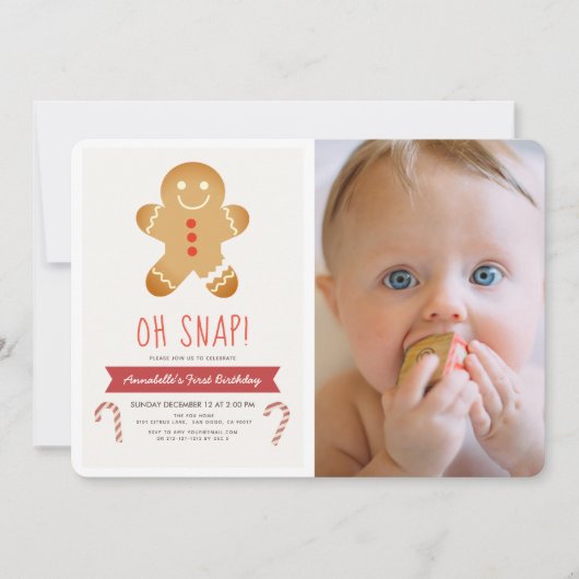 Ohスナップジンジャーブレッドマンキッズフォト誕生日 招待状 (正面)