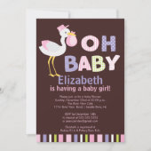 Ohベビーのこうのとりの女の子のベビーシャワー招待状 招待状 (正面)