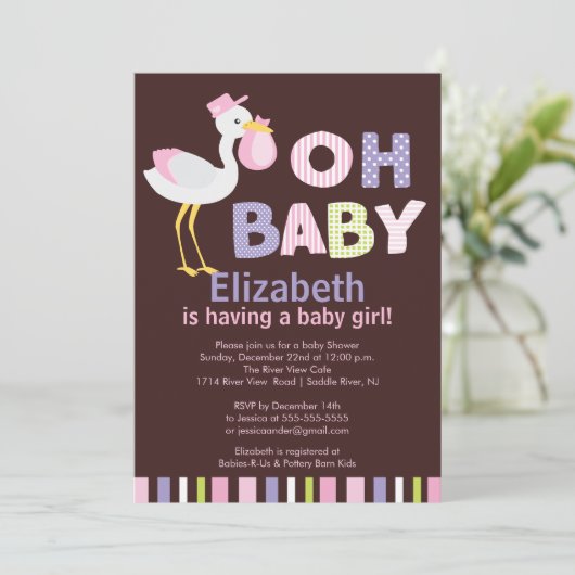 Ohベビーのこうのとりの女の子のベビーシャワー招待状 招待状 (スタンド正面)