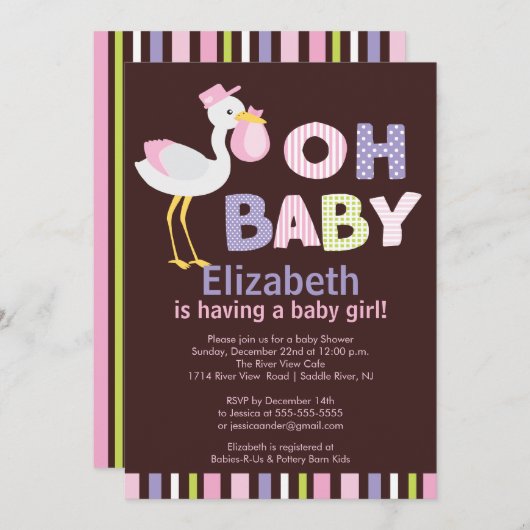 Ohベビーのこうのとりの女の子のベビーシャワー招待状 招待状 (正面/裏面)