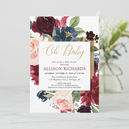 Ohベビーのバーガンディの金ゴールドの秋の花の女の子のベビーシャワー 招待状 (スタンド正面)