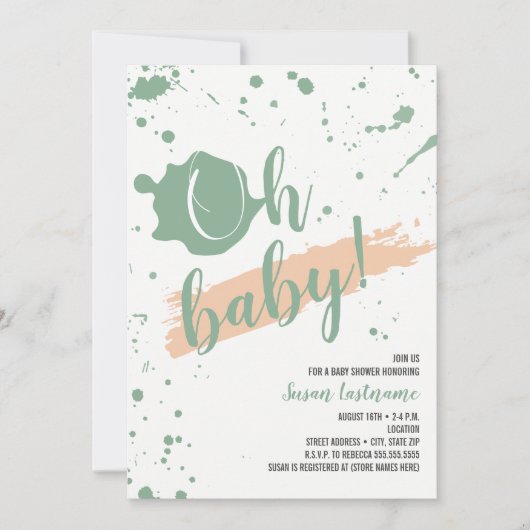 Ohベビーのモモおよび緑の女の子のベビーシャワー 招待状 (正面)