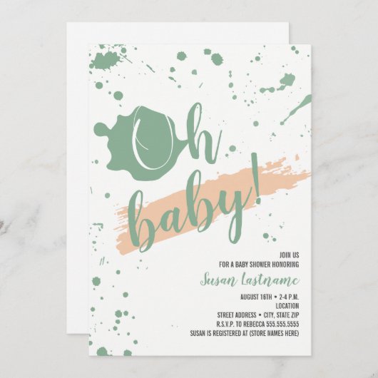 Ohベビーのモモおよび緑の女の子のベビーシャワー 招待状 (正面/裏面)