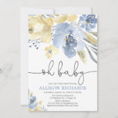 Ohベビーの挨りだらけの青く黄色い花の男の子のベビーシャワー 招待状 (正面)