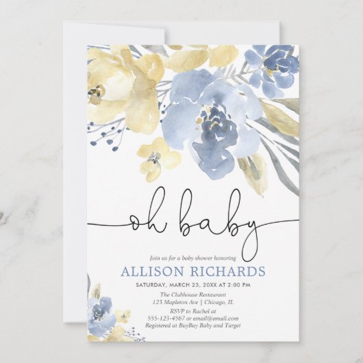 Ohベビーの挨りだらけの青く黄色い花の男の子のベビーシャワー 招待状 (正面)