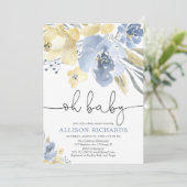 Ohベビーの挨りだらけの青く黄色い花の男の子のベビーシャワー 招待状 (スタンド正面)