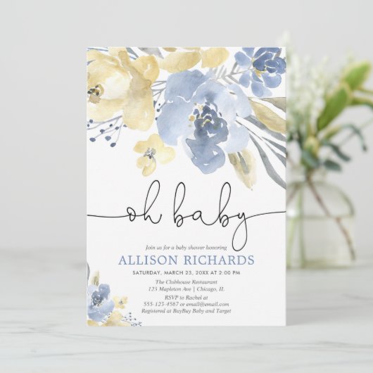 Ohベビーの挨りだらけの青く黄色い花の男の子のベビーシャワー 招待状 (スタンド正面)