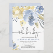 Ohベビーの挨りだらけの青く黄色い花の男の子のベビーシャワー 招待状 (正面/裏面)