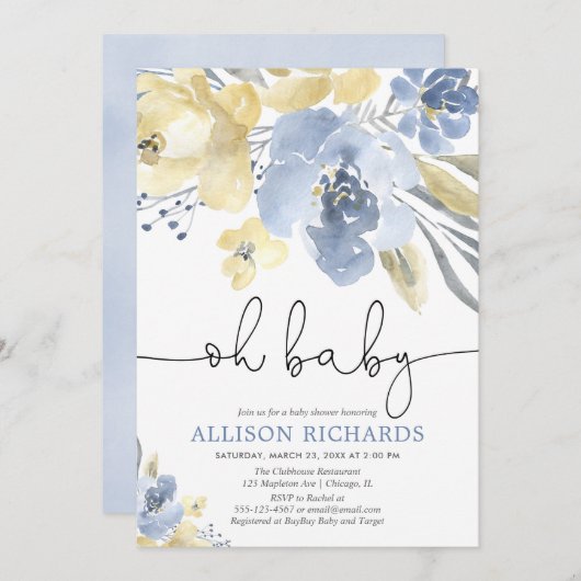 Ohベビーの挨りだらけの青く黄色い花の男の子のベビーシャワー 招待状 (正面/裏面)