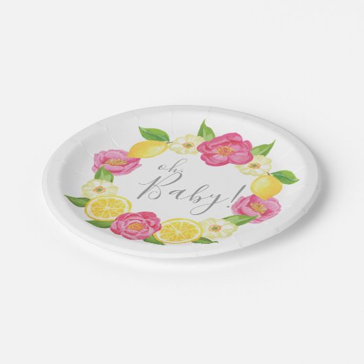 Ohベビーの柑橘類レモン花のリースのベビーシャワー ペーパープレート (アングル)