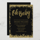 Ohベビーの黒い金ゴールドのグリッターのベビーシャワー 招待状 (正面/裏面)