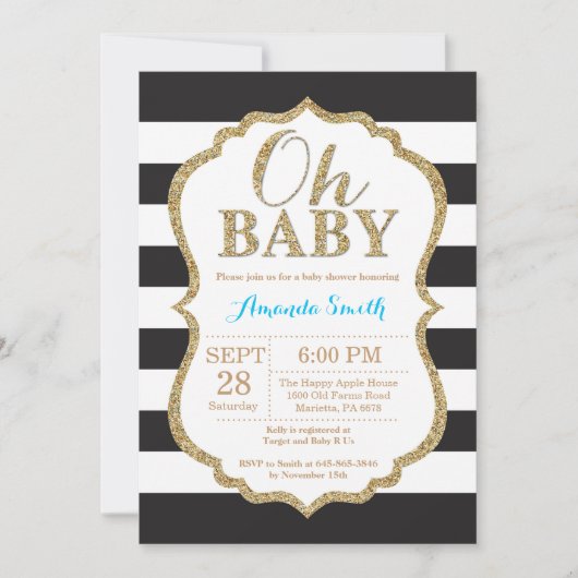 Ohベビーの黒および金ゴールドのベビーシャワーの招待状 招待状 (正面)