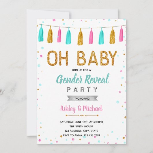 Ohベビーは性を明らかにしますパーティの招待状を振りかけます 招待状 (正面)