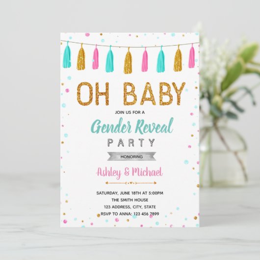 Ohベビーは性を明らかにしますパーティの招待状を振りかけます 招待状 (スタンド正面)