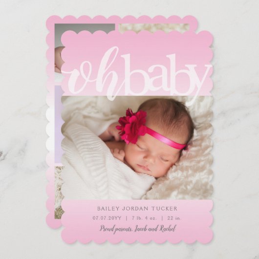 Ohベビーオーバーレイピンク写真誕生のお知らせ 案内状 (正面/裏面)