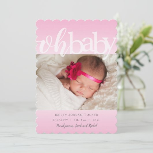 Ohベビーオーバーレイピンク写真誕生のお知らせ 案内状 (スタンド正面)