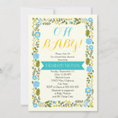 Ohベビーシャワーアクアと黄色のフローラ縁ど 招待状 (正面)