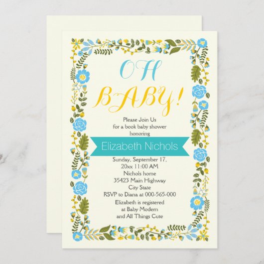 Ohベビーシャワーアクアと黄色のフローラ縁ど 招待状 (正面/裏面)