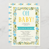 Ohベビーシャワーアクアと黄色のフローラ縁ど 招待状 (正面/裏面)