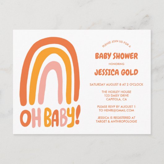 OHベビーシャワースウィートオレンジレインボーカスタム インビテーションポストカード (正面)