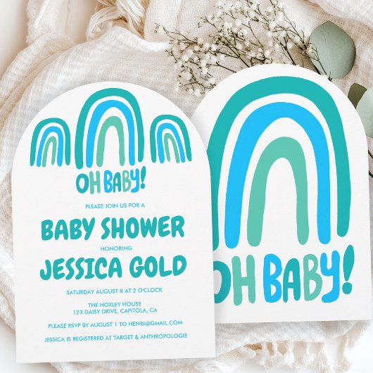 OHベビーシャワースウィートブルーレインボーカスタムアーチ 招待状