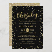 Ohベビーシャワートレンディーブラック金ゴールドグリッタードット 招待状 (正面/裏面)