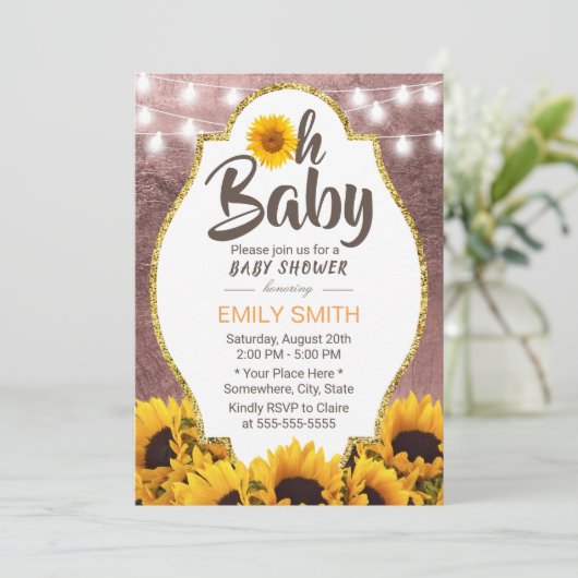 Ohベビーシャワーヒマワリ文字列ライトバラ金ゴールド 招待状 (スタンド正面)