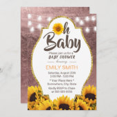 Ohベビーシャワーヒマワリ文字列ライトバラ金ゴールド 招待状 (正面/裏面)