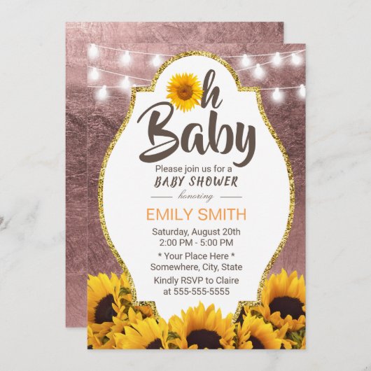 Ohベビーシャワーヒマワリ文字列ライトバラ金ゴールド 招待状 (正面/裏面)