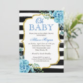 Ohベビーシャワーブルーフローラ金ゴールドブラックストライプ 招待状 (スタンド正面)