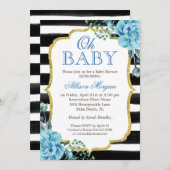 Ohベビーシャワーブルーフローラ金ゴールドブラックストライプ 招待状 (正面/裏面)