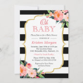 Ohベビーシャワーモダンフローラ金ゴールドフレームストライプ 招待状 (正面)