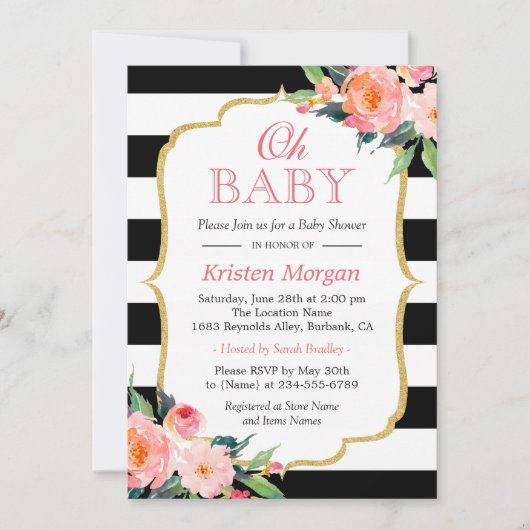 Ohベビーシャワーモダンフローラ金ゴールドフレームストライプ 招待状 (正面)