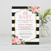 Ohベビーシャワーモダンフローラ金ゴールドフレームストライプ 招待状 (スタンド正面)