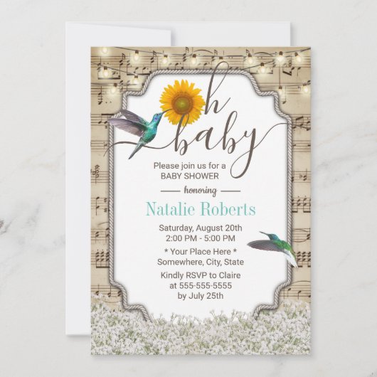 OhベビーシャワーヴィンテージヒマワリHummingbird音楽 招待状 (正面)