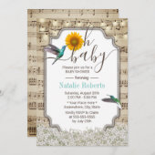 OhベビーシャワーヴィンテージヒマワリHummingbird音楽 招待状 (正面/裏面)