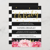 Ohベビーシャワー金ゴールドグリッタードットフローラストライプ 招待状 (正面/裏面)