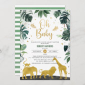  OHベビージャングル金ゴールドサファリ動物ベビーシャワー 招待状 (正面/裏面)