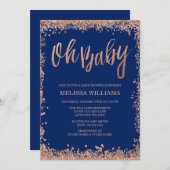 Ohベビーネービーフェイクバラ金ゴールドグリッターベビーシャワー 招待状 (正面/裏面)