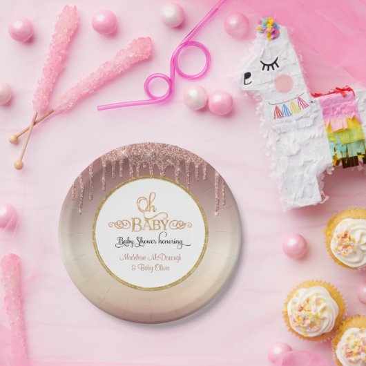 OHベビーピンクグリッタードリップスタイポグラフィベビーシャワー ペーパープレート (パーティー)