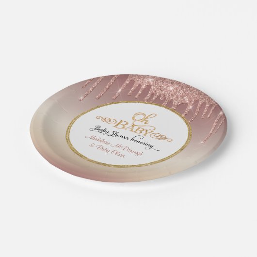 OHベビーピンクグリッタードリップスタイポグラフィベビーシャワー ペーパープレート (アングル)