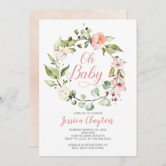 OHベビーピーチフローラベビーシャワー招待状 招待状 (正面/裏面)