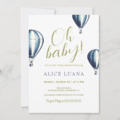 Ohベビーブルーホットエアバルーンベビーシャワー 招待状 (正面)