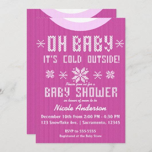 OHベビー冬の赤ちゃんシャワーニットセーターピンク 招待状 (正面/裏面)
