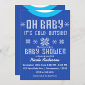 OHベビー冬の赤ちゃんシャワーニットセーターブルーホワイト 招待状 (正面/裏面)