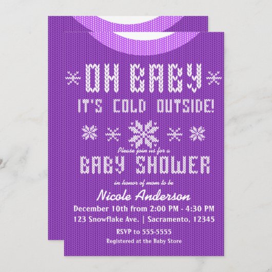 OHベビー冬の赤ちゃんシャワーニットセーター紫 招待状 (正面/裏面)