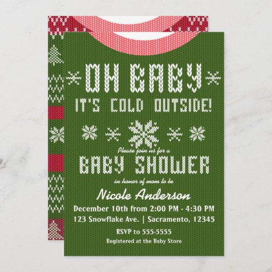 OHベビー冬の赤ちゃんシャワーニットセーター赤い緑 招待状 (正面/裏面)