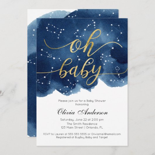 OHベビー招待状ベビーシャワースター水彩 招待状 (正面/裏面)