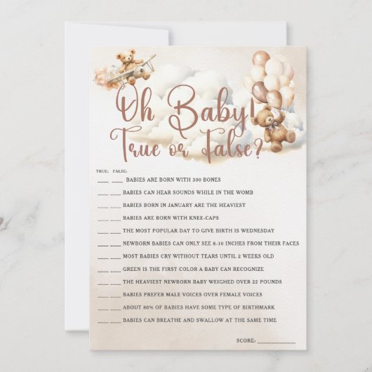 OHベビー真偽の赤ちゃんシャワーゲームかわいいクマ 招待状 (正面)